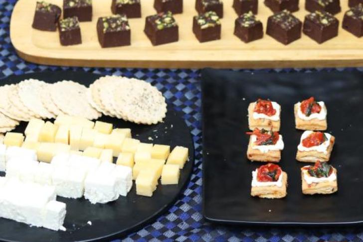 Kerala style stew with pasta and shiitake mushrooms and a white chocolate barfi (a traditional Indian sweet) stuffed with Aam Papad, an Indian fruit leather made from sundried mango pulp