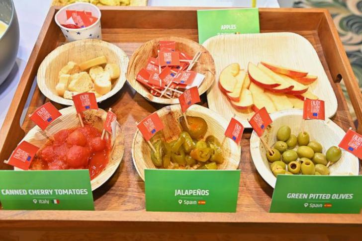 Different plates with dairy products and meat 