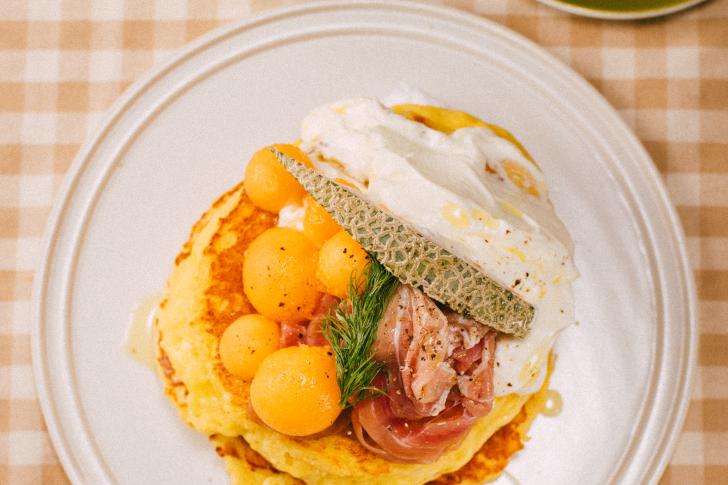 Portuguese Raw Ham and Yubari melon pancakes