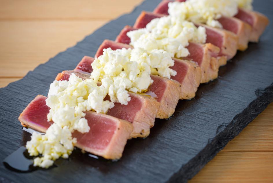 Feta cheese from Greece and Olive Oil from Italy mixed with Seared tuna carpaccio