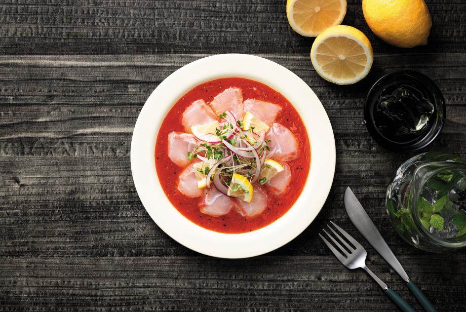Sea bream carpaccio with tomato sauce