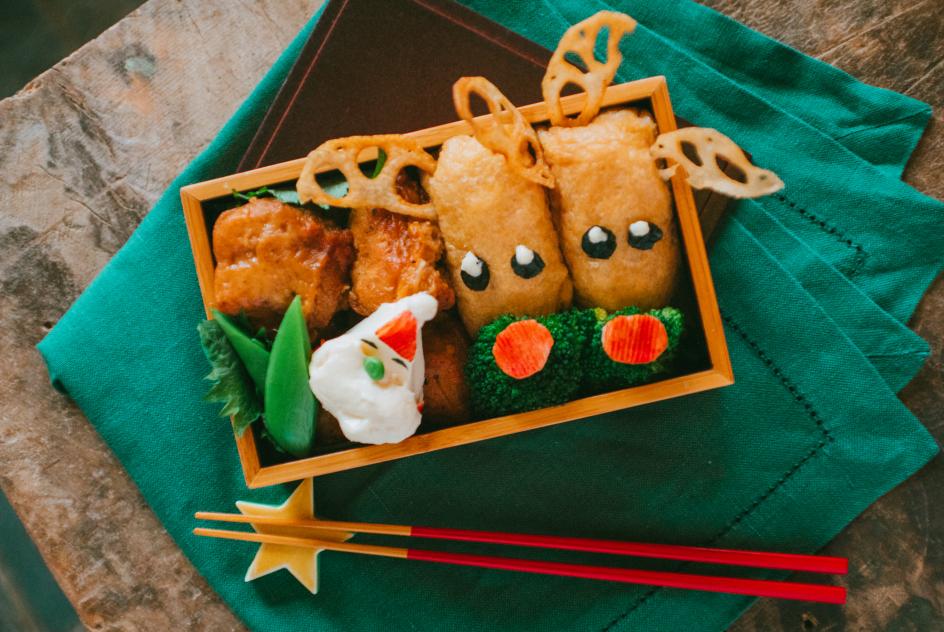 Santa's cheese and reindeer inari sushi bento