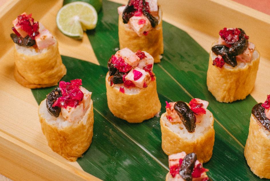 Greek feta cheese and black garlic roll inari