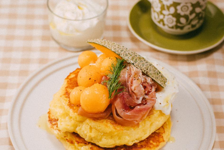 Portuguese Raw Ham and Yubari melon pancakes