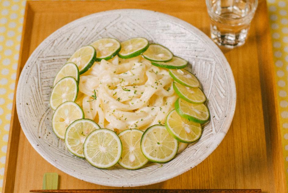 Swedish vodka-infused cream and sudachi udon