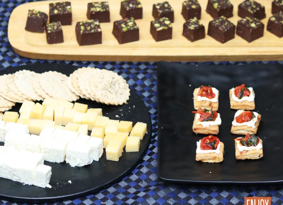 Different plates with dairy products and chocolate   