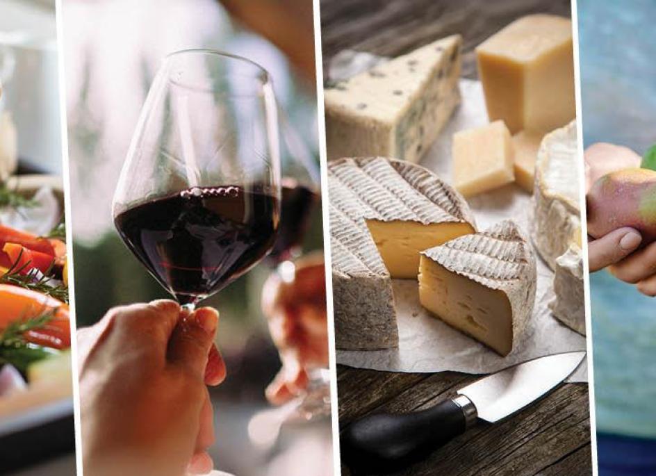 Image collage featuring EU food and beverages such as cheese and wine among others