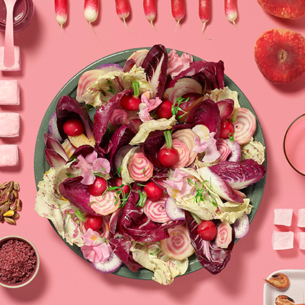 pink banner various food